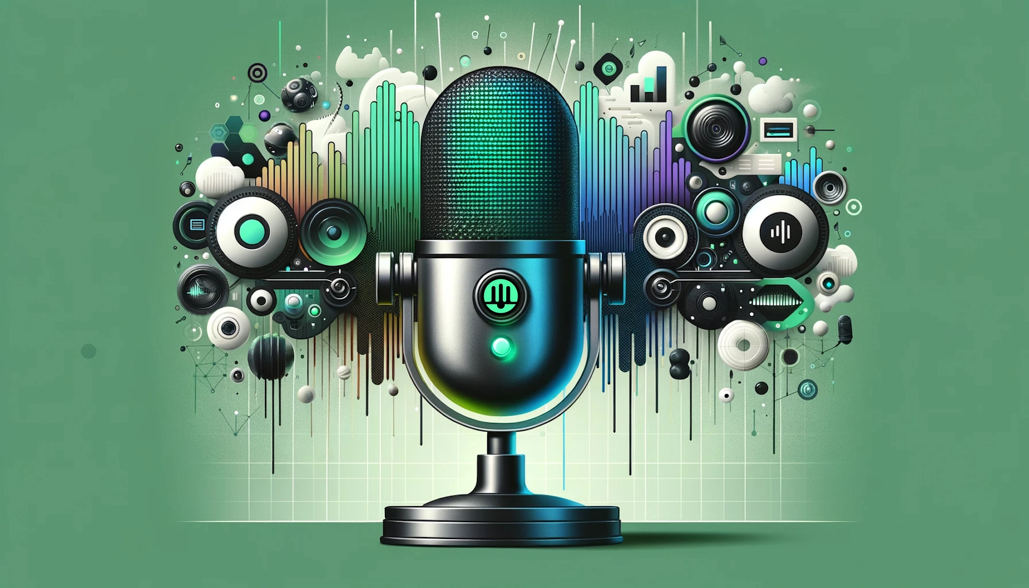 Microphone with DeepCast logo surrounded by loudspeakers, microphones, and sound waves